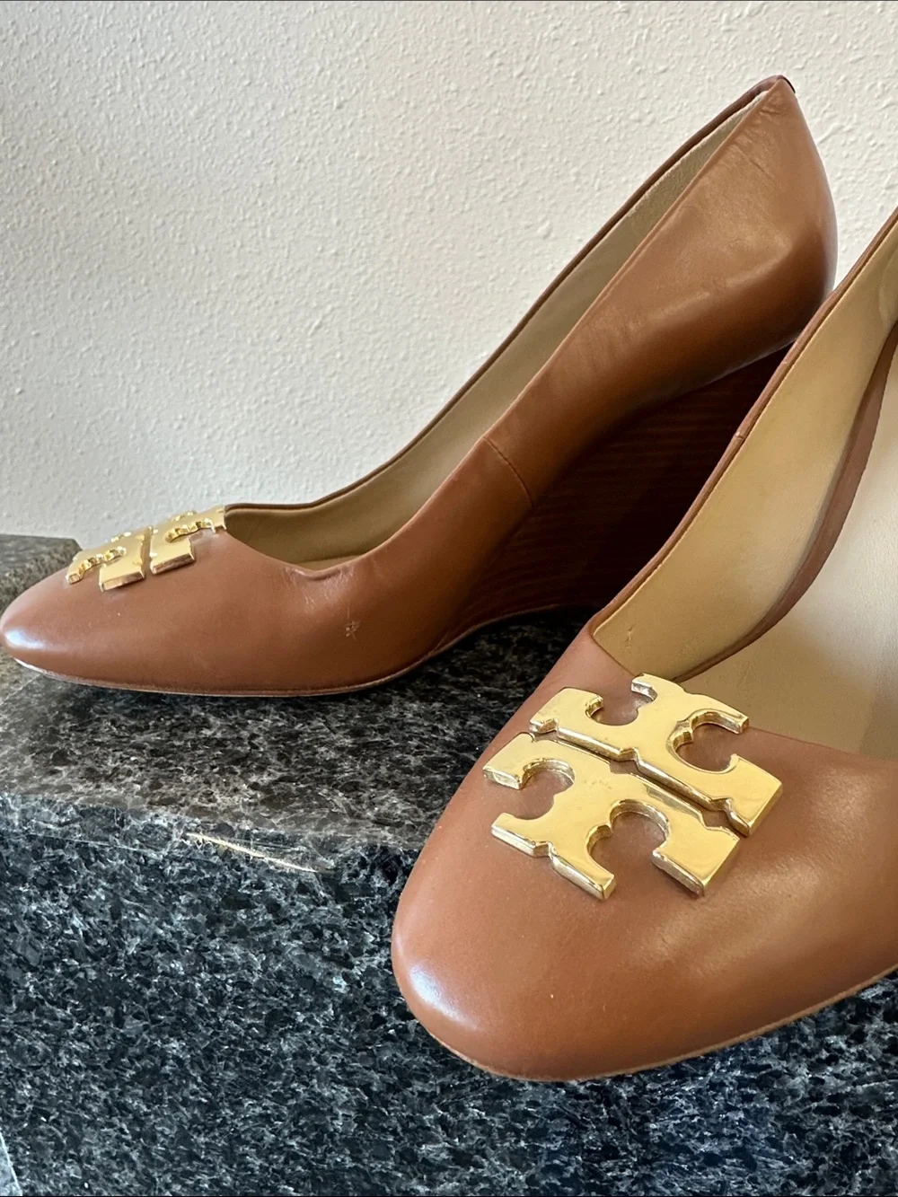 Tory Burch Brown Leather Wedges with Gold Logo